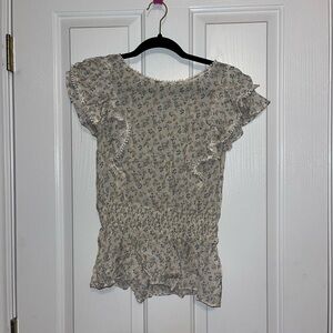 Floral Print Ruffle Sleeve Top - Beige